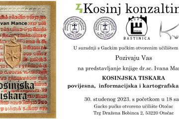 Poziv na predstavljanje knjige dr.sc. Ivana Mancea pod nazivom "Kosinjska Tiskara: : Povijesna, informacijska i kartografska studija"